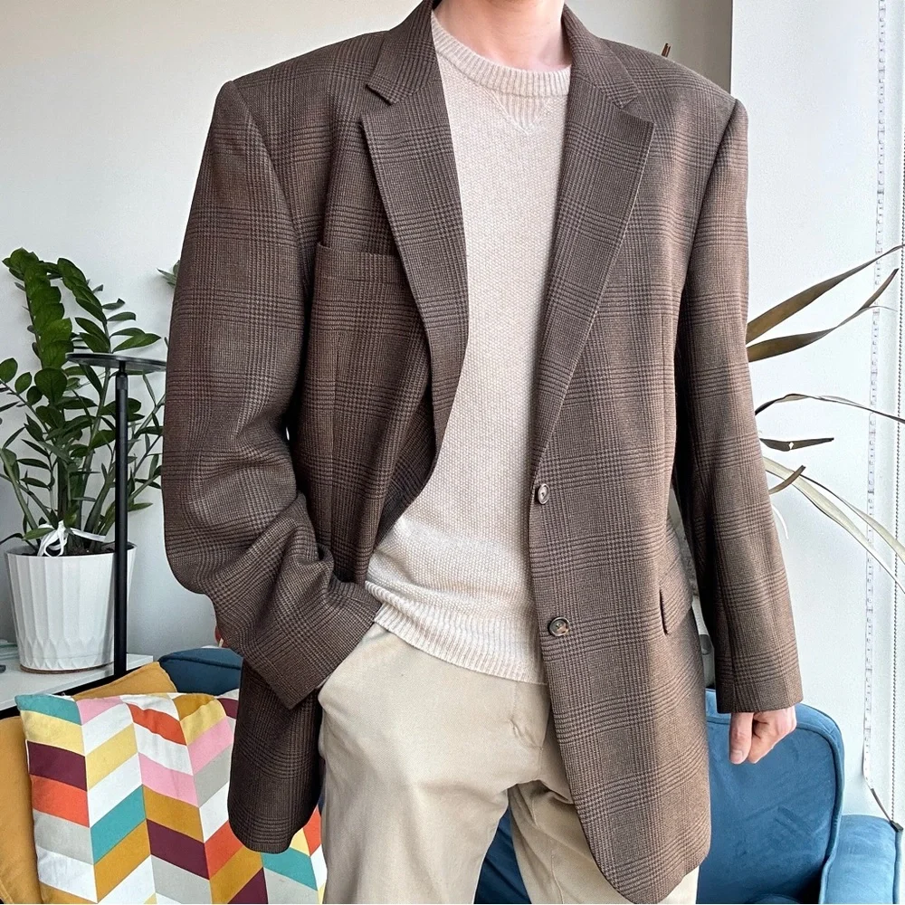 Jos A Bank 46L Beige Blue 100% Wool Sport Coat Glen Check Pattern